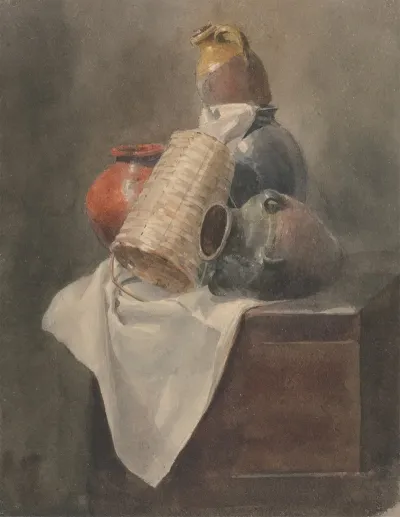Still Life Pots Basket And Cloth On A Chest