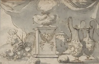 Still Life Vases A Cassolette On A Pedestal And An Overturned Basket Of Fruit