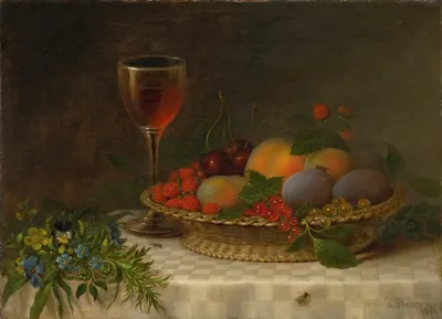 Still Life With A Basket Of Fruit A Glass Of Sherry And A Bouquet Of Flowers