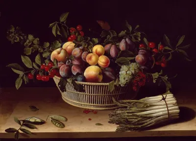 Still Life With A Basket Of Fruit And A Bunch Of Asparagus