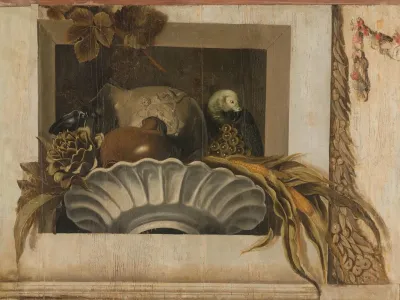 Still Life With A Bowl Of Corn Artichokes Grapes And A Parrot