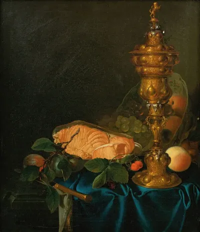 Still Life With A Cup A Salmon And Fruits