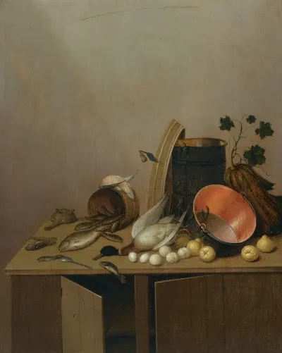Still Life With A Dead Duck Fish Pears Eggs A Copper Pot And Other Objects All Arranged On A Kitchen Cabinet