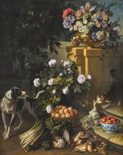 Still Life With A Dog And A Cat In A Garden Landscape With Game Flowers A Bunch Of Asparagus 2