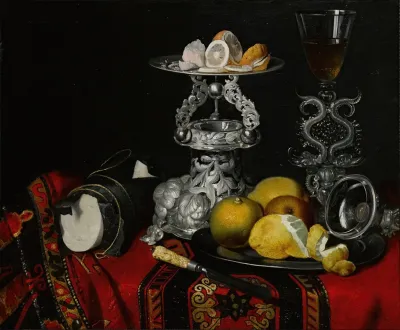 Still Life With A Facon De Venise Serpent Stemmed Wine Glass A Silver Vessel A Block Of Sugar And Lemons On A Pewter Plate All On A Draped Table