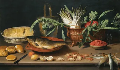 Still Life With A Fish On A Terracotta Plate Bunches Of Asparagus Artichokes And Cherries In A Scalloped Dish