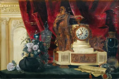 Still Life With A Gilt Bronze Mantle Clock And Sevres Porcelain Vase