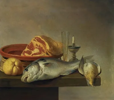 Still Life With A Ham A Fish A Candle And Other Objects Arranged On The Edge Of A Tabletop