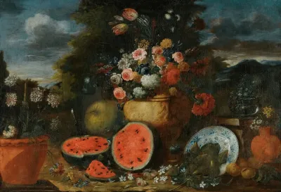 Still Life With A Large Arrangement Of Flowers In A Carved Stone Urn With Open Watermelons Figs And Earthenware Pots On The Garden Floor Beneath