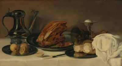 Still Life With A Pewter Jug A Ham On A Pewter Plate Lemons Bread A Gilt Mounted Roemer And Other Objects On Table Covered In A White Cloth
