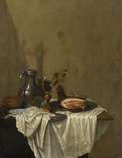Still Life With A Pewter Jug Roemers And A Leg Of Ham Together On A Table Draped With A White Tablecloth
