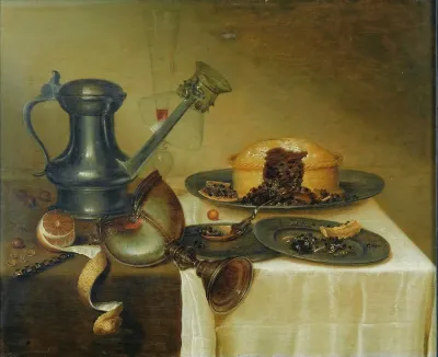 Still Life With A Pitcher A Lemon A Pie And A Nautilus Cup On A Wooden Ledge