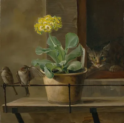 Still Life With A Primrose In A Flowerpot A Cat And Two Sparrows