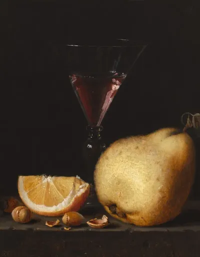 Still Life With A Quince An Orange Segment Acorns And A Facon De Venise Wine Glass