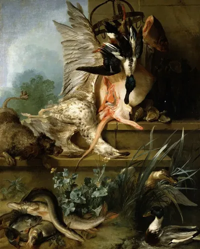 Still Life With A Spaniel Chasing Ducks