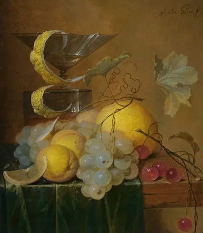 Still Life With A Wine Glass Lemon Peel Peaches Grapes And Cherries On The Corner Of A Partly Draped Wooden Table