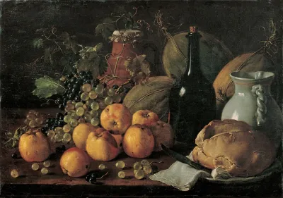 Still Life With Apples Grapes Melons Bread Jug And Bottle