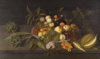 Still Life With Apples Pears Grapes And Other Fruits In A Chinese Porcelain Bowl On A Ledge Alongside A Melon