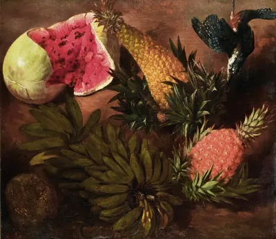 Still Life With Bananas Passion Fruit Pineapple Brazilian Pineapple Jenipapo Fruit And A Point Tailed Palmcreeper