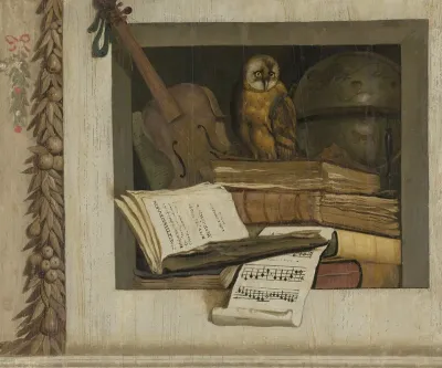 Still Life With Books Sheet Music Violin Celestial Globe And An Owl