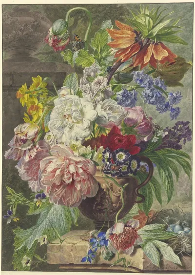 Still Life With Bouquet Of Flowers And Birds Nest