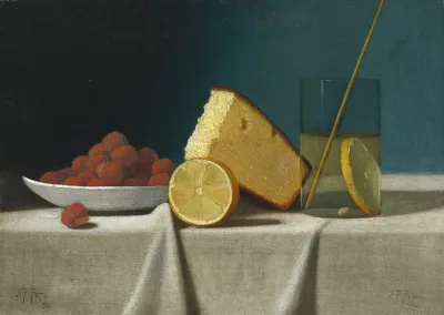 Still Life With Cakelemon Strawberries And Glass