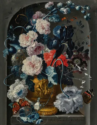 Still Life With Carnations Roses Hollyhocks And Other Flowers In A Sculpted Bronze Urn With Butterflies In An Alcove