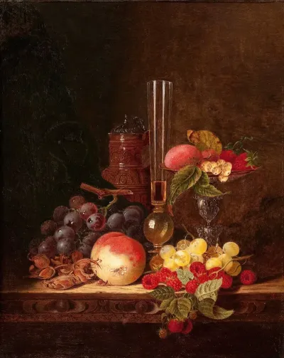 Still Life With Ceramic Jug Wine Glass And Tazza With Fruit