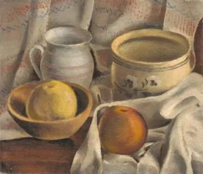 Still Life With Ceramic Pots And Apples