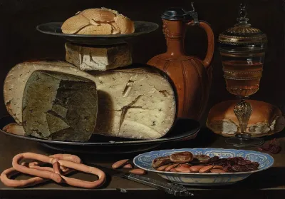 Still Life With Cheeses Almonds And Pretzels