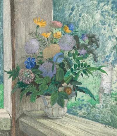 Still Life With Chrysanthemums Bellflowers Cornflowers And Daisies In A White Vase
