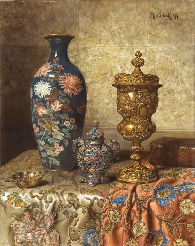 Still Life With Cloisonne Vase Covered Goblet Lidded Vase And Tastevin