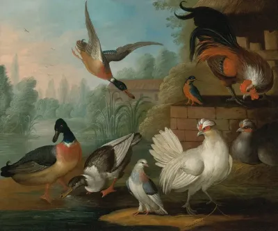 Still Life With Cockerels Ducks A Kingfisher And A Pigeon In A River Landscape