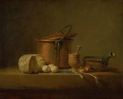 Still Life With Copper Pot Cheese And Eggs