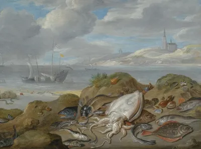Still Life With Cuttle Fish Plaice Cod Mussels And Other Fish On A Dune A Church Across A River Estuary Beyond