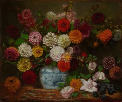 Still Life With Dahlias Zinnias Hollyhocks And Plums