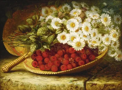 Still Life With Daises And Raspberries On A Ledge