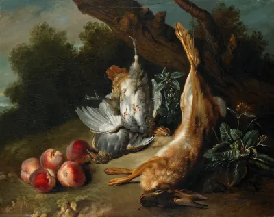 Still Life With Dead Game And Peaches In A Landscape