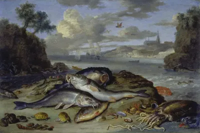 Still Life With Fish And Sea Animals In A Coastal Landscape