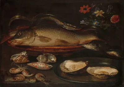 Still Life With Fish Sea Food And Flowers