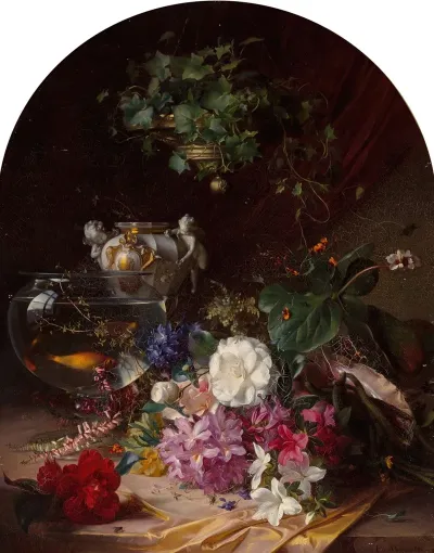 Still Life With Flowers A Porcelain Vase And A Goldfish Bowl
