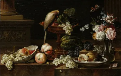 Still Life With Flowers And Fruits A Perroquet And Various Insects On A Ledge