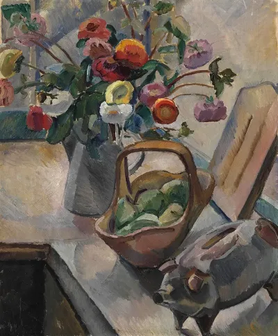Still Life With Flowers And Piggy Bank