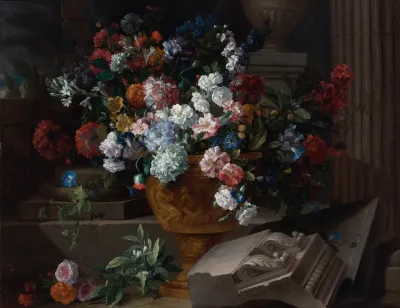 Still Life With Flowers In A Sculpted Urn With Architectural Fragments On A Terrace