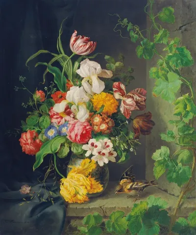 Still Life With Flowers Sparrow And Vine Branch