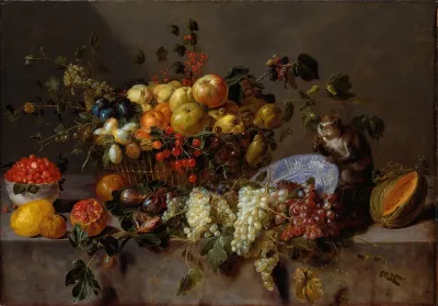 Still Life With Fruit And A Monkey Eating Grapes