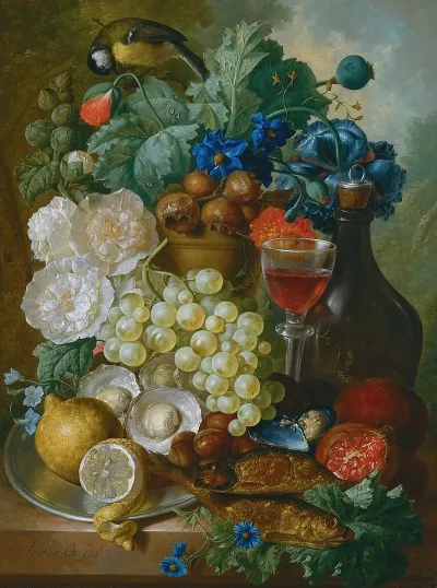 Still Life With Fruit And Flowers Together With Oysters Mussels A Glass Of Wine A Decanter And Other Objects On A Stone Ledge