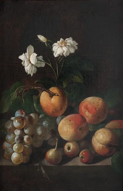 Still Life With Fruit And White Roses