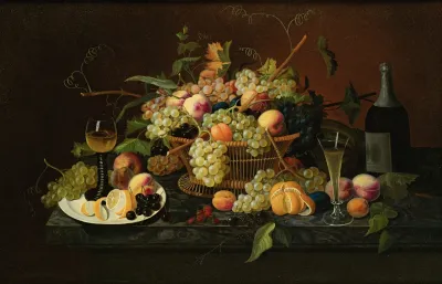 Still Life With Fruit Champagne Bottle And Glasses On A Table