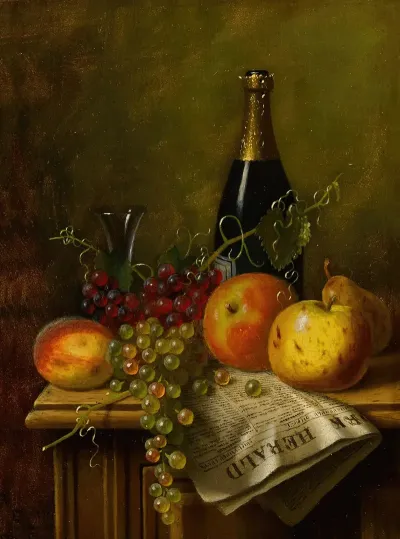 Still Life With Fruit Champagne Bottle And Newspaper